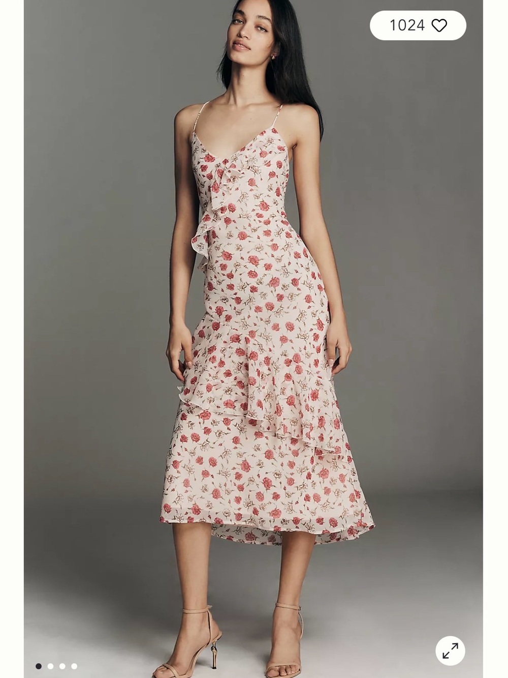 Anthropologie Pink Floral Ruffle Spaghetti Strap Midi Dress